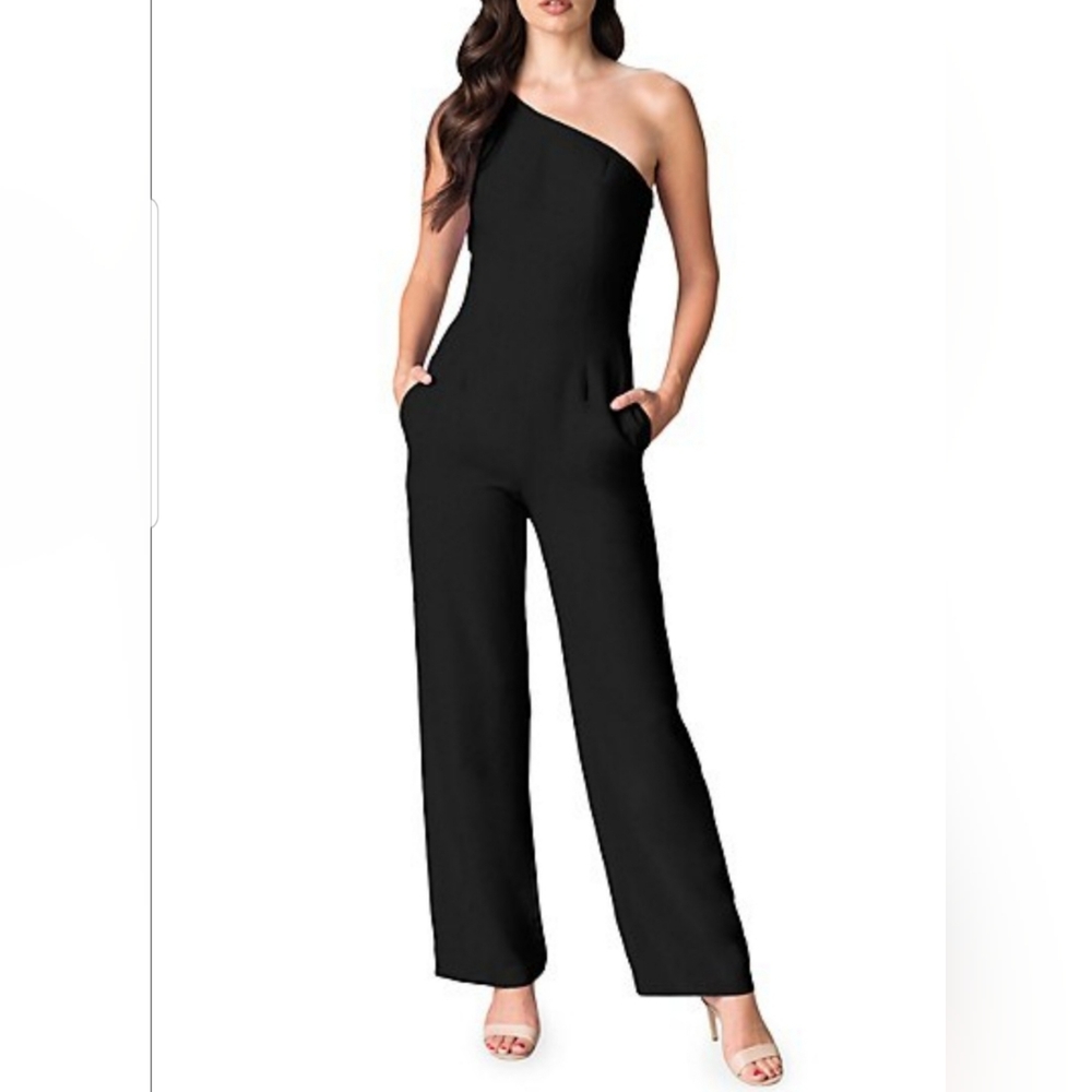 Dress the population Tiffany Asymmetric Stretch Crepe Wide-Leg Jumpsuit  Size L